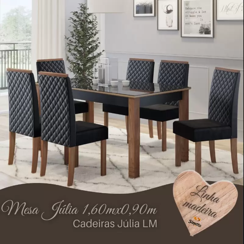 MESA JULIA 160CM 6 SILLAS NOGAL VIDRIO NEGRO SONETO - Imagen 1