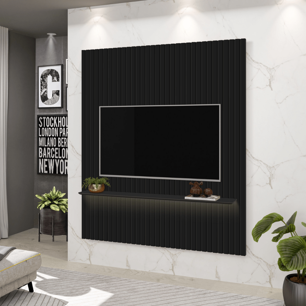 panel absolut negro PANEL RIPADO ABSOLUT + REPISA DE MADERA CON LUZ LED COLOR NEGRO - Imagen 1