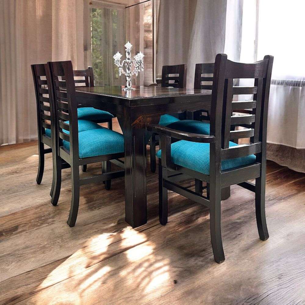 COMEDOR 2 SITIALES TURQUEZA COMEDOR RECTANGULAR BASE LISA PATA CUADRADA RANURADA + 4 SILLAS Y 2 COMENSALES TAPIZ LINO COLOR TURQUEZA - Imagen 1