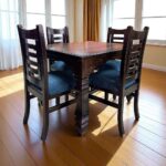 COMEDOR RECTANGULAR PATA REDONDA BASE LISA + 4 SILLAS TURQUEZA AZULADO/NEGRO LINO