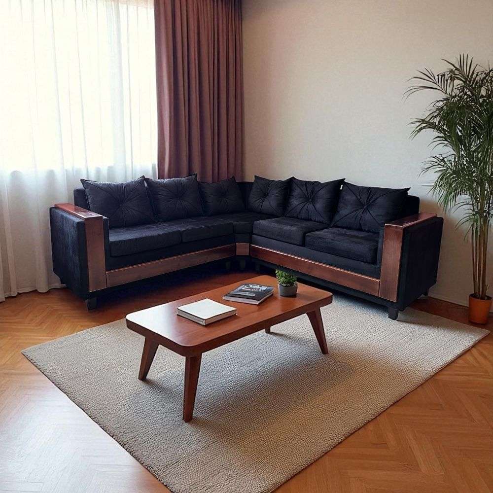 seccional bilbao 5 puestos negro SECCIONAL "L" BILBAO 5 PUESTOS CON MADERA COLOR A ELECCION - Imagen 1