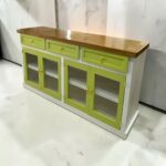 RACK APARADOR RUSTICO 150 CM 3 CJ 4 PTS VIDRIO COLOR BLANCO CUBIERTA NOGAL Y VERDE OLIVA