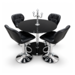 MESA PARA BAR METAL/VIDRIO COLOR NEGRO + 4 TABURETES COLOR NEGRO CUERINA -BAO-